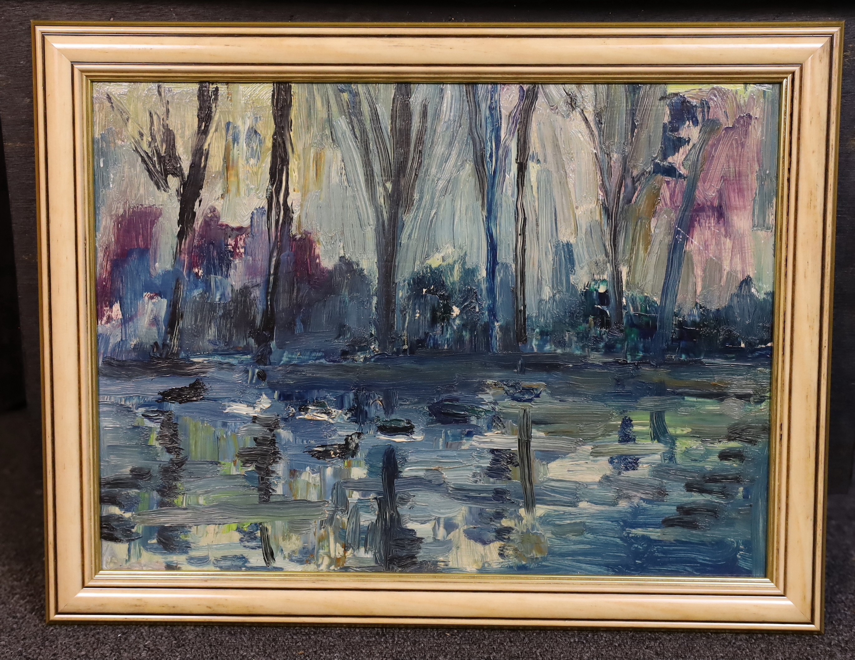 James Lawrence Isherwood (British, 1917- 1989), River landscape, oil on board, 29 x 39cm